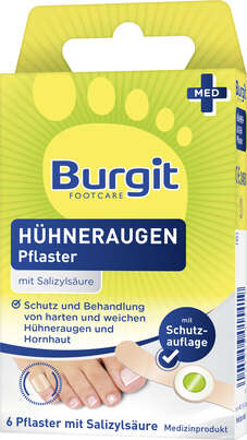 Sie sehen eine Packung Burgit Hühneraugen Pflaster 6 Stk., Produktbild: 02 Burgit Hühneraugen Pflaster 6 Stk., A-Nr.: 5005574 - 02