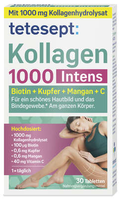 Sie sehen eine Packung Tetesept Kollagen 1000 Intens, Produktbild: 01 Tetesept Kollagen 1000 Intens, A-Nr.: 5664905 - 01