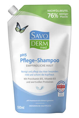 Sie sehen eine Packung Savoderm med EMPFINDLICHE HAUT pH5 Shampoo Nachfüllbeutel 500ml, Produktbild: 01 Savoderm med EMPFINDLICHE HAUT pH5 Shampoo Nachfüllbeutel 500ml, A-Nr.: 5876777 - 01