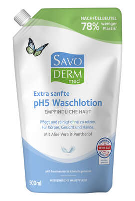 Sie sehen eine Packung SAVODERM pH5 Waschlotion NFB 500ml, Produktbild: 01 SAVODERM pH5 Waschlotion NFB 500ml, A-Nr.: 5876754 - 01