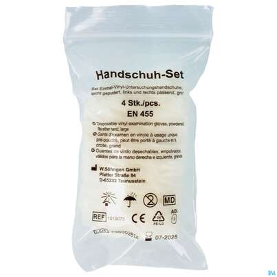 Sie sehen eine Packung Erste Hilfe Handschuh-set Verbandskoffer Vinyl Gross 1010073 4st, Produktbild: 01 Erste Hilfe Handschuh-set Verbandskoffer Vinyl Gross 1010073 4st, A-Nr.: 2956984 - 01