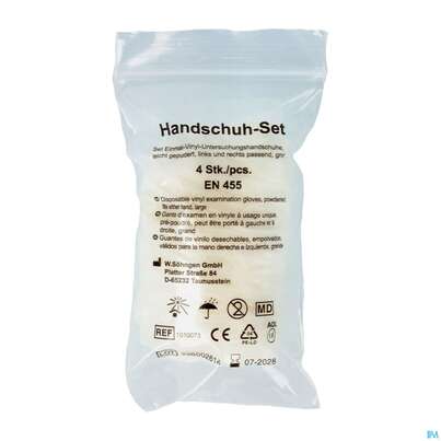 Sie sehen eine Packung Erste Hilfe Handschuh-set Verbandskoffer Vinyl Gross 1010073 4st, Produktbild: 02 Erste Hilfe Handschuh-set Verbandskoffer Vinyl Gross 1010073 4st, A-Nr.: 2956984 - 02