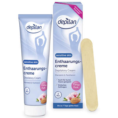 Sie sehen eine Packung Depilan Enthaarungscreme sensitiv skin 100ml, Produktbild: 04 Depilan Enthaarungscreme sensitiv skin 100ml, A-Nr.: 4555781 - 04