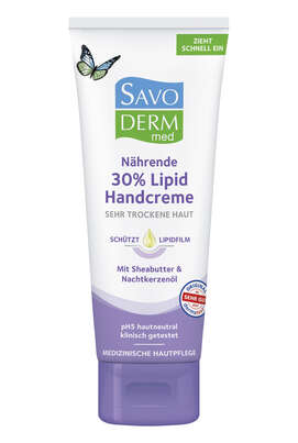 Sie sehen eine Packung Savoderm med Nährende 30% Lipid Handcreme 75ml, Produktbild: 01 Savoderm med Nährende 30% Lipid Handcreme 75ml, A-Nr.: 5601069 - 01