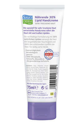 Sie sehen eine Packung Savoderm med Nährende 30% Lipid Handcreme 75ml, Produktbild: 02 Savoderm med Nährende 30% Lipid Handcreme 75ml, A-Nr.: 5601069 - 02