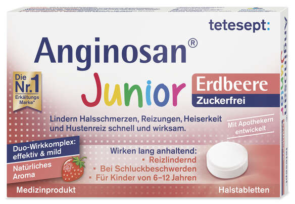 Tetesept Anginosan® Junior Erdbeere zuckerfrei Tabletten 20 St., A-Nr.: 5388670 - 01