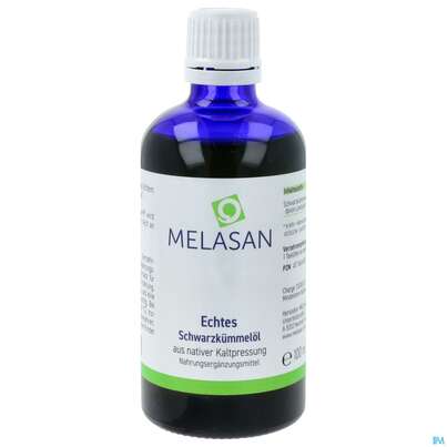 Sie sehen eine Packung Schwarzkuemmeloel Melasan Fl 100ml, Produktbild: 01 Schwarzkuemmeloel Melasan Fl 100ml, A-Nr.: 1861690 - 01