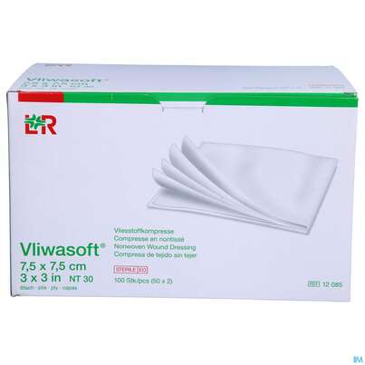 Sie sehen eine Packung Vlieskompressen Vliwasoft 6fach Steril 7,5x 7,5cm 2st, Produktbild: 01 Vlieskompressen Vliwasoft 6fach Steril 7,5x 7,5cm 2st, A-Nr.: 1372732 - 01