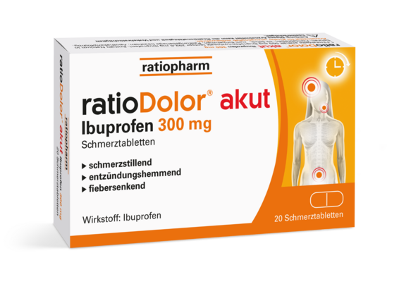 Sie sehen eine Packung ratioDolor® akut Ibuprofen 300 mg Filmtabletten, Produktbild: 01 ratioDolor® akut Ibuprofen 300 mg Filmtabletten, A-Nr.: 5536113 - 01