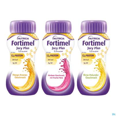 Sie sehen eine Packung Fortimel/jucy Plus Fluessig 200ml Sortiert 24st, Produktbild: 01 Fortimel/jucy Plus Fluessig 200ml Sortiert 24st, A-Nr.: 5808586 - 01
