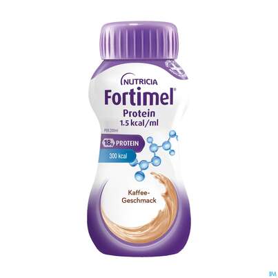 Sie sehen eine Packung Fortimel/protein 200ml 1,5kcal Kaffee 24st, Produktbild: 01 Fortimel/protein 200ml 1,5kcal Kaffee 24st, A-Nr.: 4303358 - 01