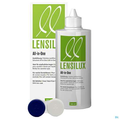 Sie sehen eine Packung Kontaktlinsen-pflegemittel Lensilux All In One/weiche Linsen Kombilösung+behaelter 360ml, Produktbild: 01 Kontaktlinsen-pflegemittel Lensilux All In One/weiche Linsen Kombilösung+behaelter 360ml, A-Nr.: 3735297 - 01