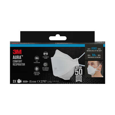 3M™ 9320D+ Aura™ Einweg-Partikel-Atemschutzmaske, FFP2, ohne Ventil, 3/Packung, A-Nr.: 5628855 - 01
