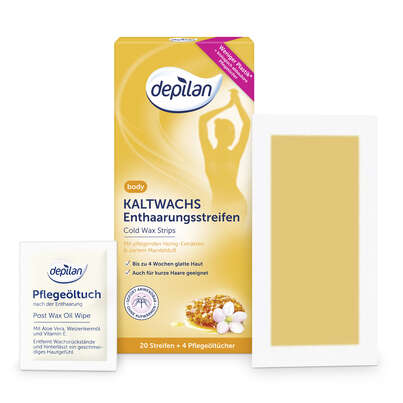 Sie sehen eine Packung Depilan Kaltwachsstreifen Body 20Stk, Produktbild: 05 Depilan Kaltwachsstreifen Body 20Stk, A-Nr.: 4094110 - 05