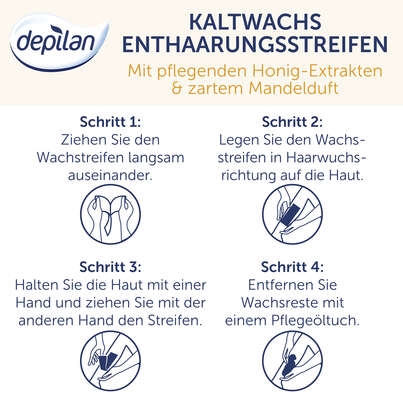 Sie sehen eine Packung Depilan Kaltwachsstreifen Body 20Stk, Produktbild: 06 Depilan Kaltwachsstreifen Body 20Stk, A-Nr.: 4094110 - 06
