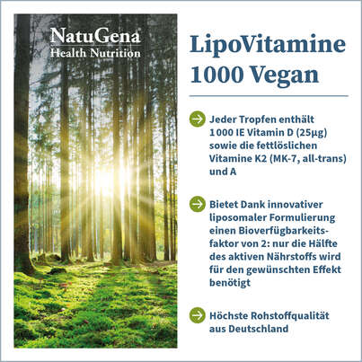 Sie sehen eine Packung NatuGena LipoVitamine 1000 Vegan, Produktbild: 02 NatuGena LipoVitamine 1000 Vegan, A-Nr.: 5901297 - 02