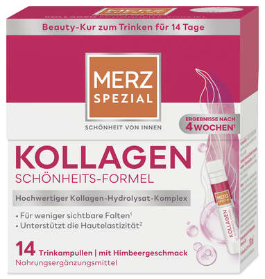 Sie sehen eine Packung Merz Spezial Kollagen Schönheitsformel Trinkampullen 14x25ML, Produktbild: 01 Merz Spezial Kollagen Schönheitsformel Trinkampullen 14x25ML, A-Nr.: 5406250 - 01
