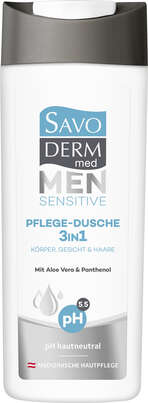 Sie sehen eine Packung Savoderm med MEN SENSITIVE Pflege-Dusche 300ml, Produktbild: 01 Savoderm med MEN SENSITIVE Pflege-Dusche 300ml, A-Nr.: 4343808 - 01