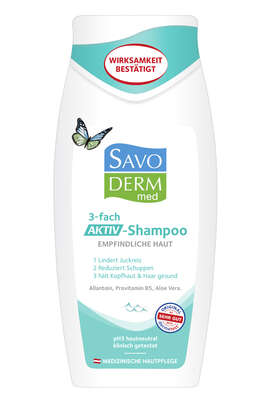Sie sehen eine Packung Savoderm med 3-fach Aktiv-Shampoo 250ml, Produktbild: 01 Savoderm med 3-fach Aktiv-Shampoo 250ml, A-Nr.: 5406273 - 01