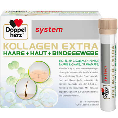 Sie sehen eine Packung Doppelherz system KOLLAGEN EXTRA HAARE + HAUT + BINDEGEWEBE, Produktbild: 01 Doppelherz system KOLLAGEN EXTRA HAARE + HAUT + BINDEGEWEBE, A-Nr.: 5677960 - 01