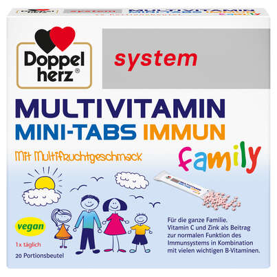 Sie sehen eine Packung Doppelherz system MULTIVITAMIN MINI-TABS family - Mit Multifruchtgeschmack, Produktbild: 01 Doppelherz system MULTIVITAMIN MINI-TABS family - Mit Multifruchtgeschmack, A-Nr.: 5676943 - 01