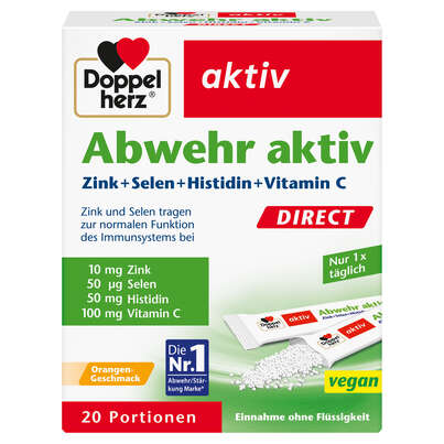 Sie sehen eine Packung Doppelherz Abwehr DIRECT Zink + Selen + Histidin + Vitamin C, Produktbild: 01 Doppelherz Abwehr DIRECT Zink + Selen + Histidin + Vitamin C, A-Nr.: 3478363 - 01