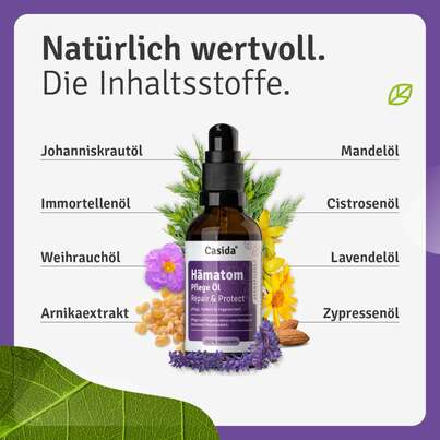 Sie sehen eine Packung Hämatom Pflege Öl Repair & Protect, Produktbild: 02 Hämatom Pflege Öl Repair & Protect, A-Nr.: 5731659 - 02