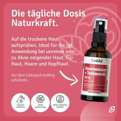 Sie sehen eine Packung Rosenwasser + Teebaumöl Spray, Produktbild: 04 Rosenwasser + Teebaumöl Spray, A-Nr.: 5731719 - 04