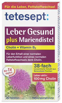 Sie sehen eine Packung tetesept Leber Gesund Mariendistel 30 Tabl., Produktbild: 02 tetesept Leber Gesund Mariendistel 30 Tabl., A-Nr.: 5075089 - 02