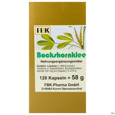 Sie sehen eine Packung Bockshornklee Kapseln -fbk Pharma 120st, Produktbild: 01 Bockshornklee Kapseln -fbk Pharma 120st, A-Nr.: 2047282 - 01
