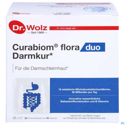 Sie sehen eine Packung Dr.wolz Curabiom Flora Duo 20 Portionsbtl +40kps 60527 60st, Produktbild: 01 Dr.wolz Curabiom Flora Duo 20 Portionsbtl +40kps 60527 60st, A-Nr.: 5636091 - 01