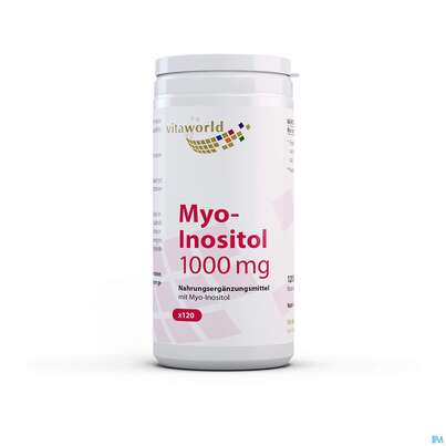 Sie sehen eine Packung Myo-inositol Kapseln 1000mg Hochdosiert Vita World 120st, Produktbild: 01 Myo-inositol Kapseln 1000mg Hochdosiert Vita World 120st, A-Nr.: 5608812 - 01
