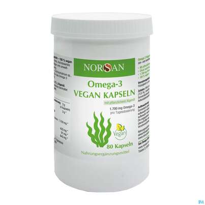 Sie sehen eine Packung Omega -3 Norsan Kapseln/vegan/pflanz. Algenoel,hochd. 80st, Produktbild: 01 Omega -3 Norsan Kapseln/vegan/pflanz. Algenoel,hochd. 80st, A-Nr.: 5475162 - 01