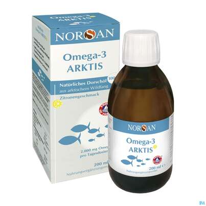 Sie sehen eine Packung Omega -3 Norsan Oel/arktis +vitamin D3 200ml, Produktbild: 01 Omega -3 Norsan Oel/arktis +vitamin D3 200ml, A-Nr.: 5440755 - 01