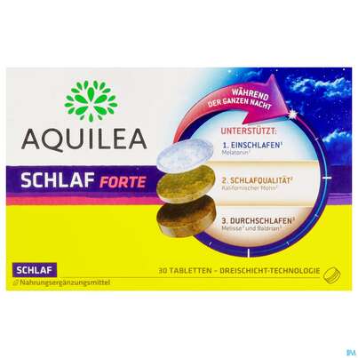 Sie sehen eine Packung Schlaf Tabl Forte 1,8mg Aquilea 30st, Produktbild: 01 Schlaf Tabl Forte 1,8mg Aquilea 30st, A-Nr.: 5606670 - 01