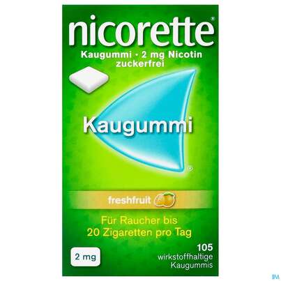 Sie sehen eine Packung Nicorette Kaugummi Z Raucherentw Freshfruit 2mg 105st, Produktbild: 01 Nicorette Kaugummi Z Raucherentw Freshfruit 2mg 105st, A-Nr.: 3500074 - 01