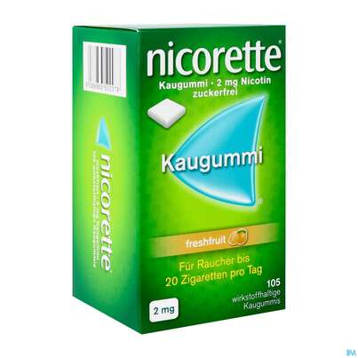 Sie sehen eine Packung Nicorette Kaugummi Z Raucherentw Freshfruit 2mg 105st, Produktbild: 02 Nicorette Kaugummi Z Raucherentw Freshfruit 2mg 105st, A-Nr.: 3500074 - 02