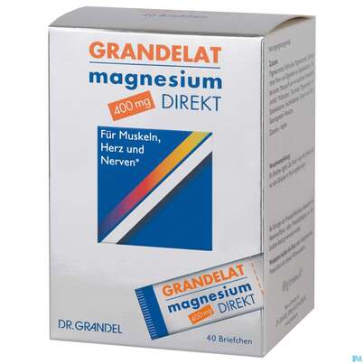 Sie sehen eine Packung Magnesium Grandelat Direkt 400mg Briefchen Nr.3039 40st, Produktbild: 01 Magnesium Grandelat Direkt 400mg Briefchen Nr.3039 40st, A-Nr.: 3093663 - 01