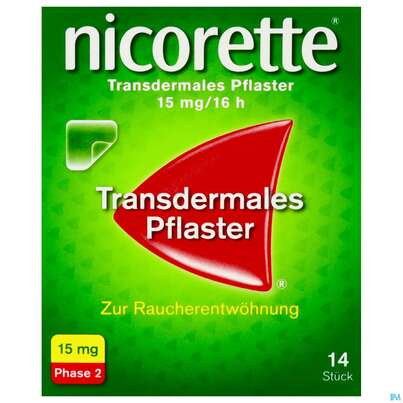 Sie sehen eine Packung Nicorette Transdermales Pflaster 15mg/16h 14st, Produktbild: 01 Nicorette Transdermales Pflaster 15mg/16h 14st, A-Nr.: 3537433 - 01