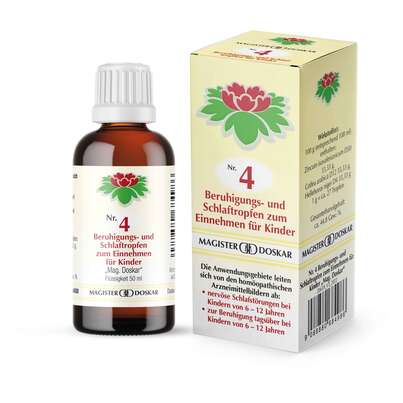 Sie sehen eine Packung Magister Doskar Nr. 4 Beruhigungs- und Schlaftropfen zum Einnehmen für Kinder, Produktbild: 01 Magister Doskar Nr. 4 Beruhigungs- und Schlaftropfen zum Einnehmen für Kinder, A-Nr.: 0684984 - 01