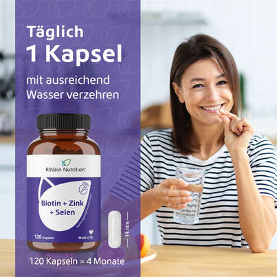Sie sehen eine Packung R(h)ein Nutrition Biotin+Zink+Selen für Haut, Haare & Nägel Kapseln hochdosiert, Produktbild: 04 R(h)ein Nutrition Biotin+Zink+Selen für Haut, Haare & Nägel Kapseln hochdosiert, A-Nr.: 5987146 - 04