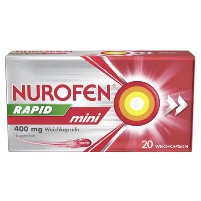 Sie sehen eine Packung NUROFEN RAPID MINI WKPS400MG, Produktbild: 01 NUROFEN RAPID MINI WKPS400MG, A-Nr.: 5535361 - 01