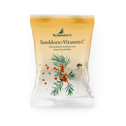 Sie sehen eine Packung Schuster’s Sanddorn+Vitamin C Zuckerl, Produktbild: 01 Schuster’s Sanddorn+Vitamin C Zuckerl, A-Nr.: 2163918 - 01