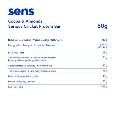 Sie sehen eine Packung SENS Serious Proteinriegel mit Grillenmehl - Kakao & Mandel, Produktbild: 02 SENS Serious Proteinriegel mit Grillenmehl - Kakao & Mandel, A-Nr.: 5948643 - 02