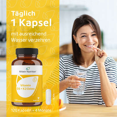 Sie sehen eine Packung R(h)ein Nutrition Vitamin D3 + K2 Osteo Kapseln hochdosiert, Produktbild: 04 R(h)ein Nutrition Vitamin D3 + K2 Osteo Kapseln hochdosiert, A-Nr.: 5987293 - 04