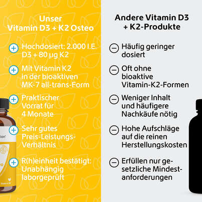 Sie sehen eine Packung R(h)ein Nutrition Vitamin D3 + K2 Osteo Kapseln hochdosiert, Produktbild: 05 R(h)ein Nutrition Vitamin D3 + K2 Osteo Kapseln hochdosiert, A-Nr.: 5987293 - 05