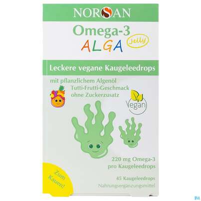 Sie sehen eine Packung Omega -3 Norsan/alga Kids Jelly Kaugelee Drop Tutti-frutti 45st, Produktbild: 02 Omega -3 Norsan/alga Kids Jelly Kaugelee Drop Tutti-frutti 45st, A-Nr.: 5825946 - 02