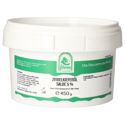 Sie sehen eine Packung ZIRBELKIEFEROEL SALBE 5% 450 G, Produktbild: 01 ZIRBELKIEFEROEL SALBE 5% 450 G, A-Nr.: 5802891 - 01