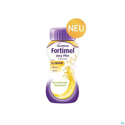 Sie sehen eine Packung Fortimel/jucy Plus Fluessig 200ml Birne Holunder 4st, Produktbild: 10 Fortimel/jucy Plus Fluessig 200ml Birne Holunder 4st, A-Nr.: 5808528 - 10