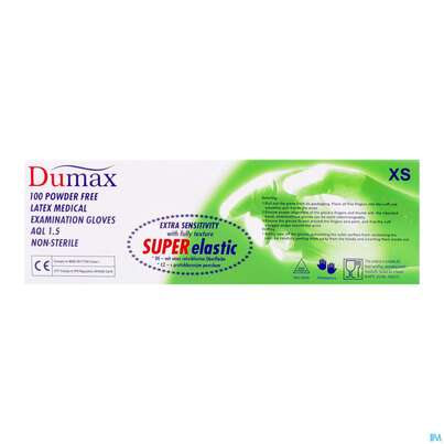 Sie sehen eine Packung Untersuchungshandschuhe -dumax Latex Puderfrei Xs 100st, Produktbild: 06 Untersuchungshandschuhe -dumax Latex Puderfrei Xs 100st, A-Nr.: 2995435 - 06